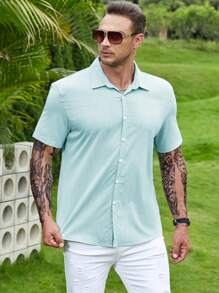 Manfinity Homme Hombres Camisa unicolor con botón - Azul menta - Ver 2