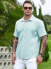 Manfinity Homme Hombres Camisa unicolor con botón - Azul menta - Ver 4