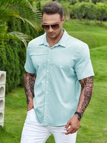 Manfinity Homme Hombres Camisa unicolor con botón - Azul menta - Ver 6