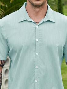 Manfinity Homme Hombres Camisa unicolor con botón - Azul menta - Ver 7