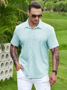 Manfinity Homme Hombres Camisa unicolor con botón - Azul menta - Ver 1