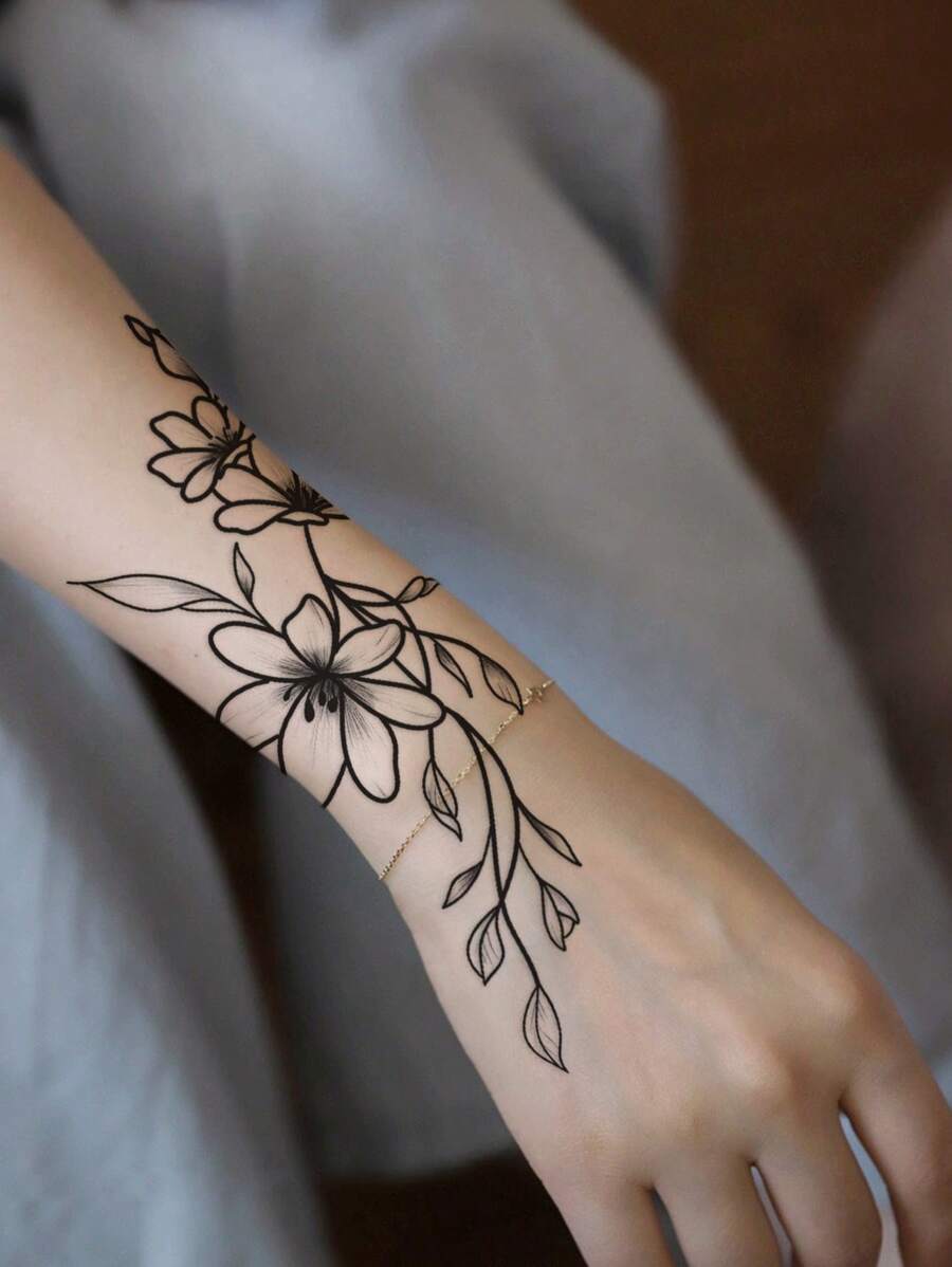 1sheet Floral Print Tattoo Sticker - Black - View 1