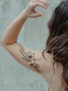 1sheet Floral Print Tattoo Sticker - Black - View 2
