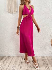 SHEIN VCAY Solid Tie Backless Halter Neck Dress - Hot Pink - View 6