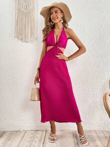 SHEIN VCAY Solid Tie Backless Halter Neck Dress - Hot Pink - View 4