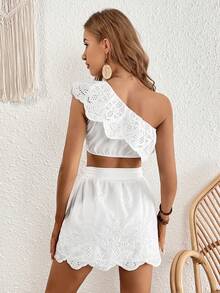 SHEIN VCAY Bộ đồ hai mảnh nữ Thắt lưng Xù Sò điệp Tranh thêu màu trơn Boho - trắng - Xem 2