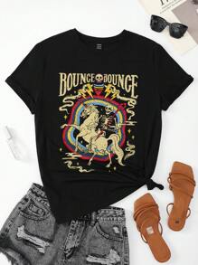 SHEIN LUNE Áo thun nữ Lễ Các Thánh Lá thư Giải trí - màu đen - Xem 1