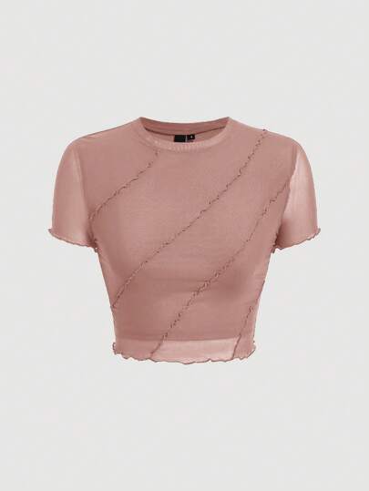 SHEIN MOD 木耳邊網紗短款T恤