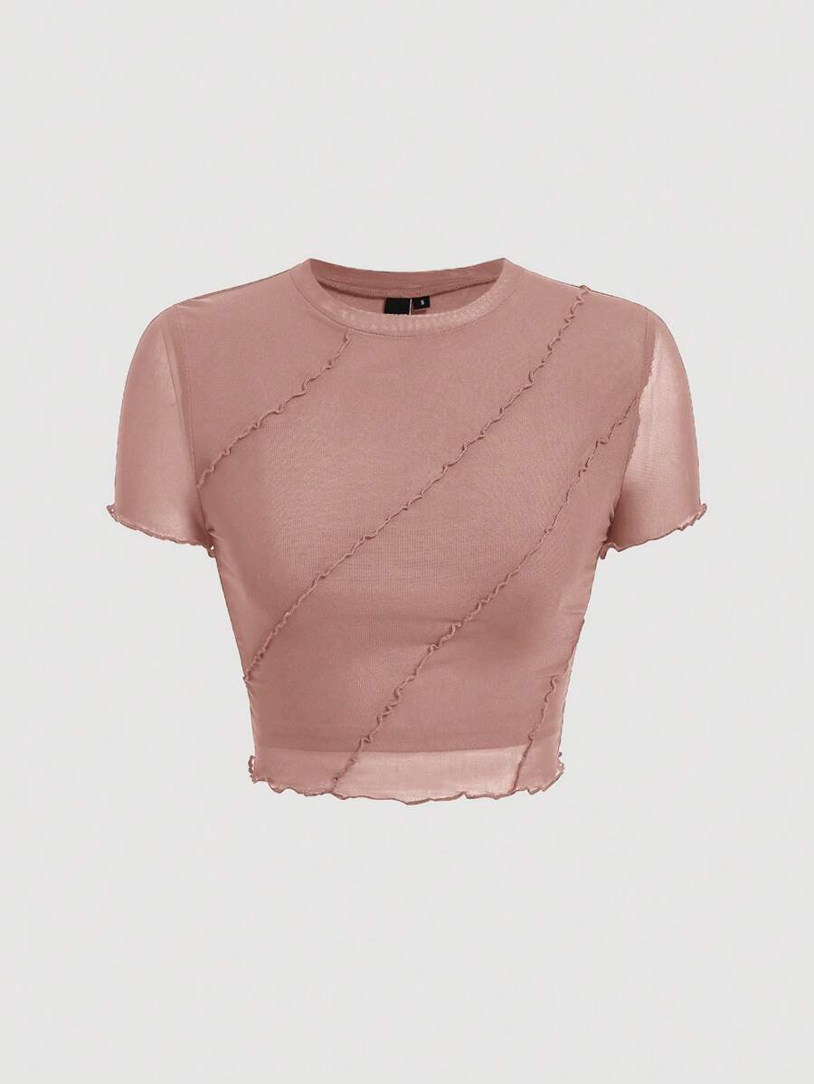 SHEIN MOD 木耳邊網紗短款T恤 - 藕粉色 - 查看 1