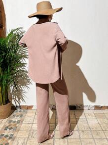 EURMUSE Solid Tank Top & Trousers & Button Front Shirt - Dusty Pink - View 2