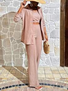 EURMUSE Solid Tank Top & Trousers & Button Front Shirt - Dusty Pink - View 4