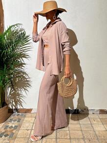 EURMUSE Solid Tank Top & Trousers & Button Front Shirt - Dusty Pink - View 5