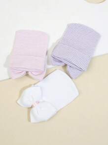 3 buc/set căciulițe pentru nou-născuți, model cu dungi și funde decorative, căciuli tricotate drăguțe, moi și confortabile, potrivite pentru bebeluși băieți și fete de 0-3 luni