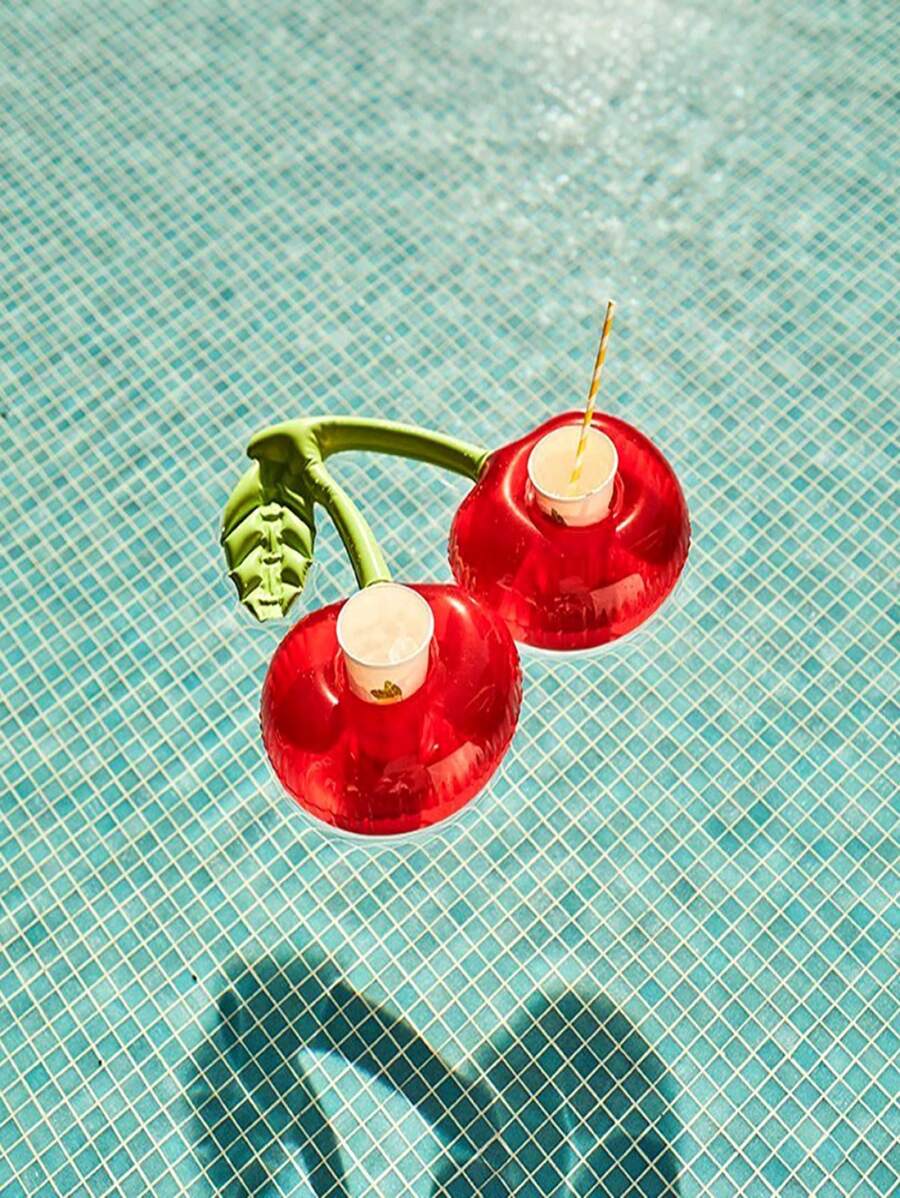 1pc Cherry Design Swimming Pool Inflatable Cup Holder, Beach Essentials, Beach Accessories, Pool Float