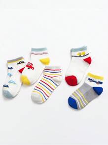 5雙男孩卡通車圖案可愛短襪適合夏天 - 彩色 - 查看 1