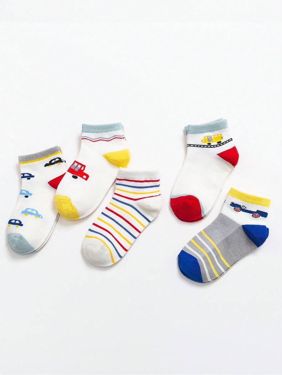 5雙男孩卡通車圖案可愛短襪適合夏天 - 彩色 - 查看 1