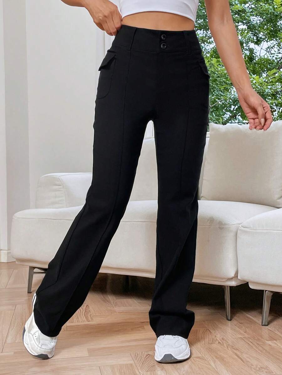 SHEIN EZwear 側翻蓋口袋工裝褲 - 黑色 - 查看 1