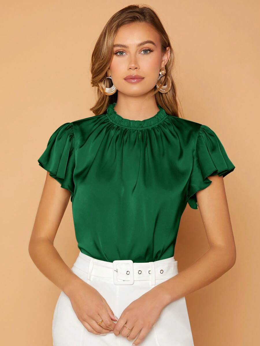 SHEIN Privé Mock Neck Butterfly Sleeve Satin Top - Dark Green - View 1
