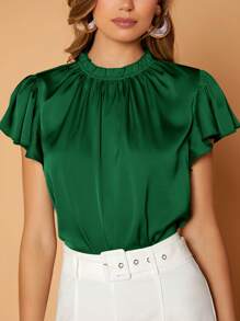 SHEIN Privé Mock Neck Butterfly Sleeve Satin Top - Dark Green - View 3