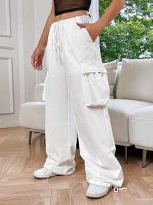 Muchica 側翻蓋口袋腰部抽繩工裝褲 - 白色 - 查看 1