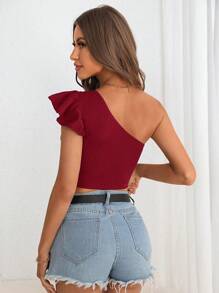 SHEIN Privé 單肩荷葉邊T恤 - 酒紅色 - 查看 2