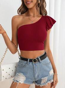 SHEIN Privé 單肩荷葉邊T恤 - 酒紅色 - 查看 3