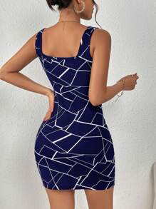 SHEIN Privé Geo Print Tank Bodycon Dress - Navy Blue - View 2