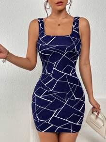 SHEIN Privé Geo Print Tank Bodycon Dress - Navy Blue - View 4