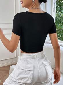 SHEIN EZwear Áo thun nữ Dây kéo Nhẫn Gân đan màu trơn Giải trí - màu đen - Xem 2