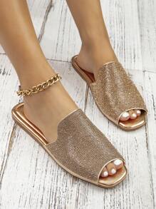 Women Rhinestone Decor Slide Sandals, Glamorous Summer Flat Sandals