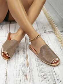 Women Rhinestone Decor Slide Sandals, Glamorous Summer Flat Sandals