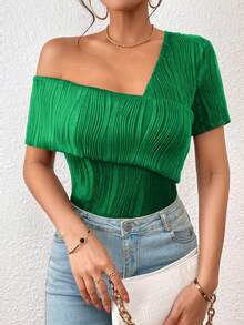 SHEIN Privé Áo thun nữ Bất đối xứng màu trơn Giải trí - màu xanh lá - Xem 3