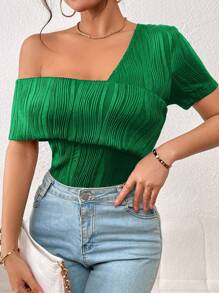 SHEIN Privé Áo thun nữ Bất đối xứng màu trơn Giải trí - màu xanh lá - Xem 4