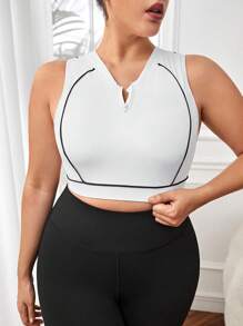 Plus Top-stitching Half Zip Sports Bra - White - View 1