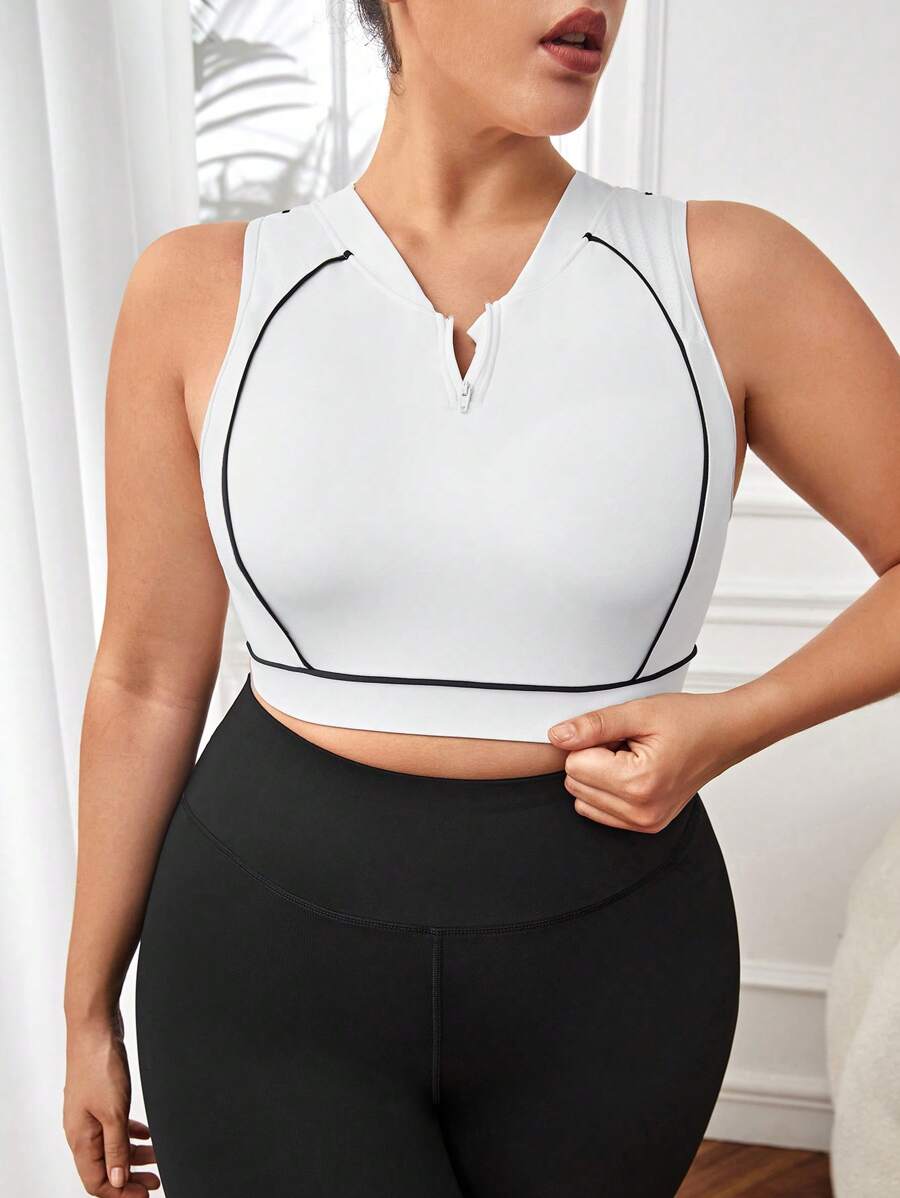 Plus Top-stitching Half Zip Sports Bra - White - View 1