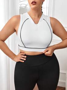 Plus Top-stitching Half Zip Sports Bra - White - View 6