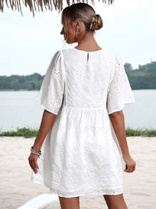 GENKIRA Eyelet Embroidery Butterfly Sleeve Smock Dress - White - View 3