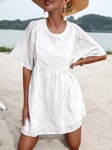 GENKIRA Eyelet Embroidery Butterfly Sleeve Smock Dress - White - View 4