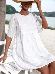 GENKIRA Eyelet Embroidery Butterfly Sleeve Smock Dress - White - View 5