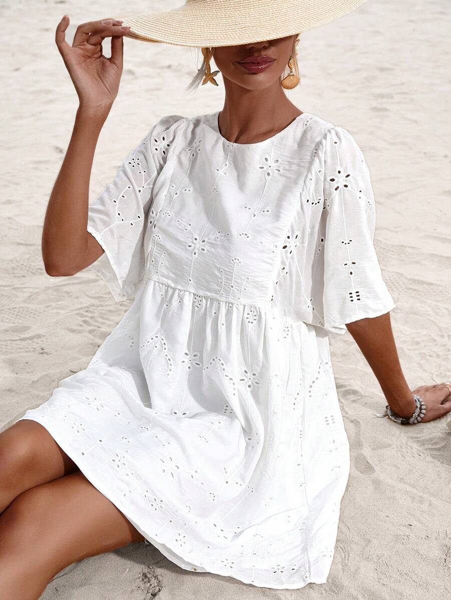 GENKIRA Eyelet Embroidery Butterfly Sleeve Smock Dress - White - View 1