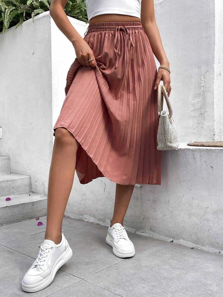 Solid Pleated Skirt,Commute,Office,Old Money,Simple,Minimalist, Winter Pink