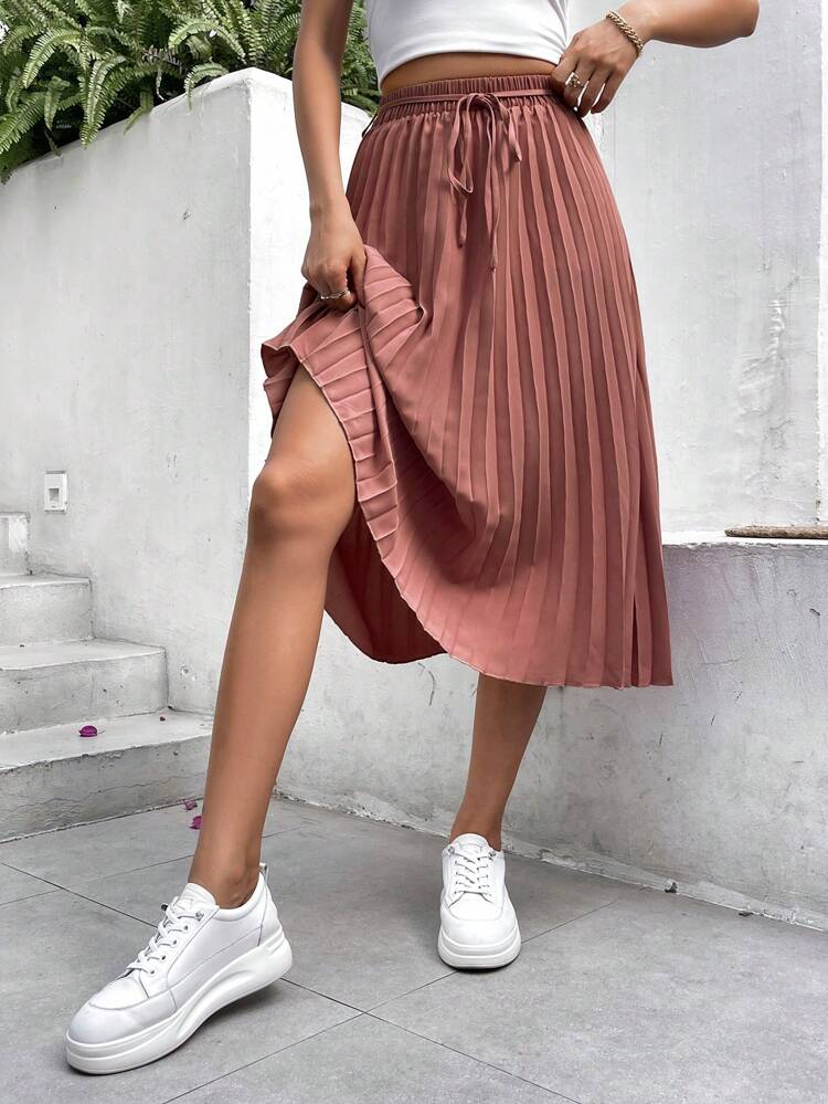 Solid Pleated Skirt,Commute,Office,Old Money,Simple,Minimalist, Winter Pink