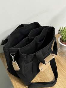 时尚多功能帆布单肩包，大容量多口袋休闲斜挎包，书包，大容量，便携，适合少女、女大学生、白领，非常适合工作、中学、高中、大学、度假，适合女性或学生的文学书包和书包，非常适合书籍、购物、返校等 - 黑色 - 查看 1