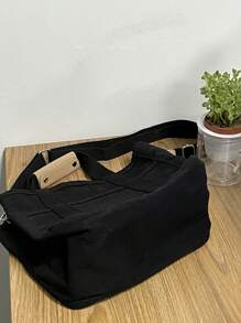 时尚多功能帆布单肩包，大容量多口袋休闲斜挎包，书包，大容量，便携，适合少女、女大学生、白领，非常适合工作、中学、高中、大学、度假，适合女性或学生的文学书包和书包，非常适合书籍、购物、返校等 - 黑色 - 查看 8