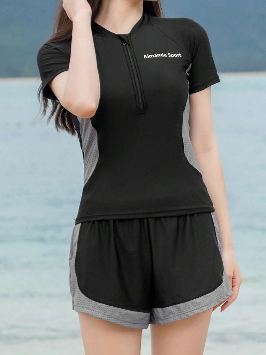 Letter Graphic Zip Front Rashguard Summer