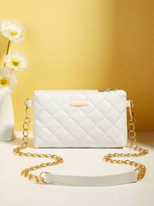 Mini Square Bag Fashionable Argyle Quilted Chain Zipper Pu Portable Office For Women - White - View 2