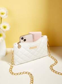 Mini Square Bag Fashionable Argyle Quilted Chain Zipper Pu Portable Office For Women - White - View 5