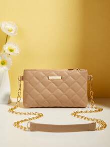 Mini Square Bag Fashionable Argyle Quilted Chain Zipper PU - Khaki - View 1