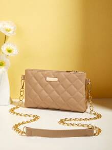Mini Square Bag Fashionable Argyle Quilted Chain Zipper PU - Khaki - View 2