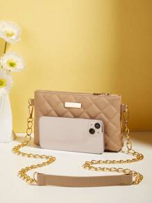 Mini Square Bag Fashionable Argyle Quilted Chain Zipper PU - Khaki - View 5